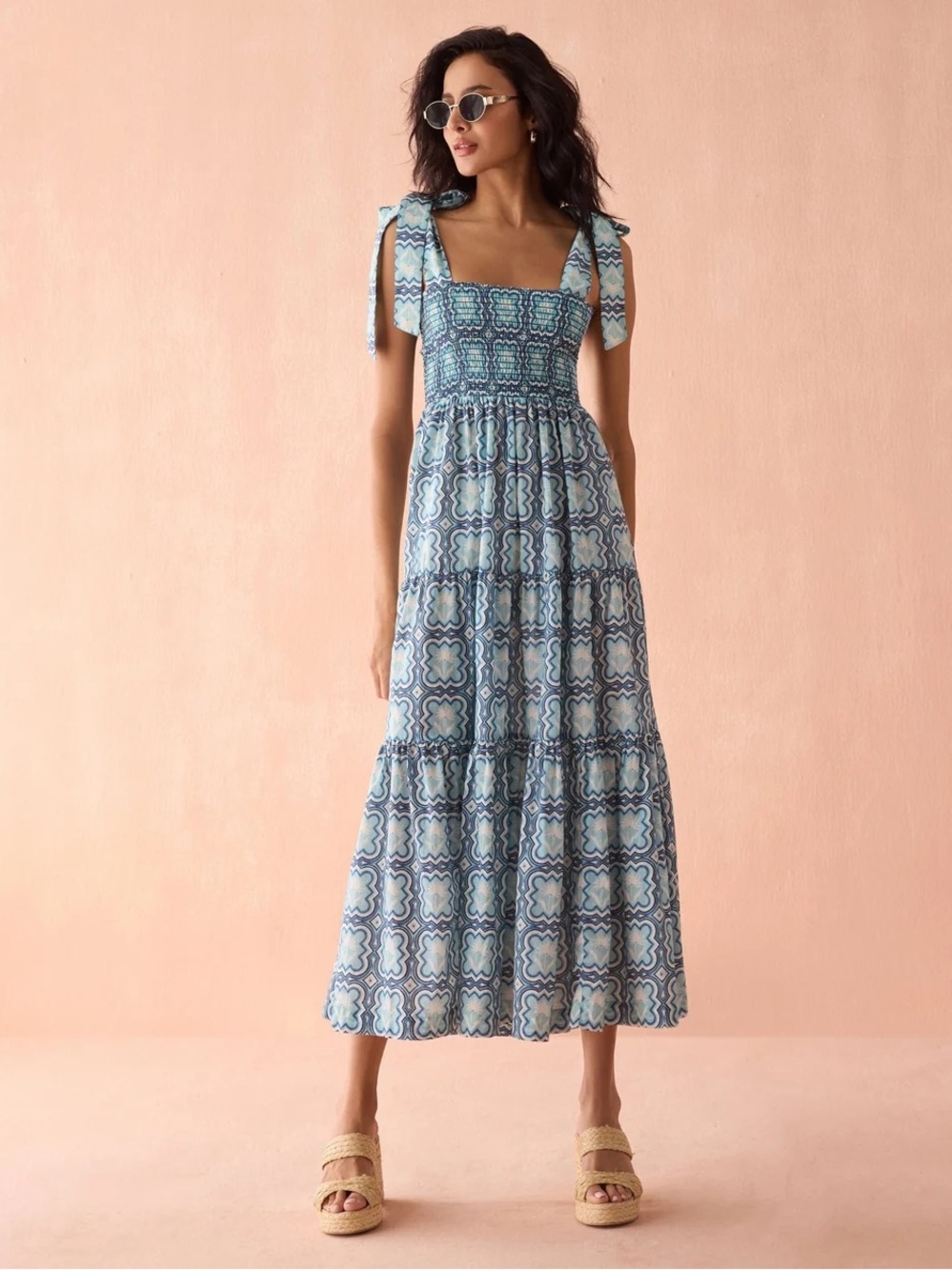 Omika Lana Green and Lavender Floral Tie-Shoulder Smocked Maxi Dress Resort Wear